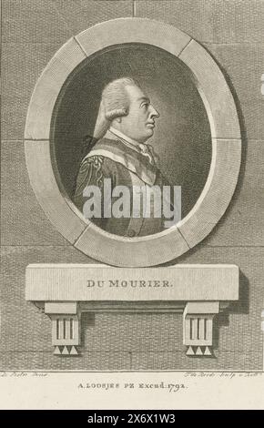 Porträt von Charles Francois Dumouriez, Porträt des französischen Generals Charles-Francois du Périer, Marquis Dumouriez. Sein Name auf dem Sockel., Druck, Druckerei: Theodorus de Roode, (erwähnt auf dem Objekt), nach Malerei von: De Pestre, (erwähnt auf dem Objekt), Verlag: Adriaan Pietersz. Loosjes, (auf dem Objekt erwähnt), Druckerei: Rotterdam, Verlag: Haarlem, 1792, Papier, Ätzen, Höhe, 209 mm x Breite, 149 mm Stockfoto