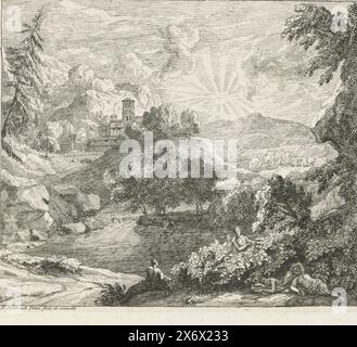 Sonnenaufgang mit fünf Figuren, Landschaften mit Figuren (Serientitel), Blick auf eine hügelige Landschaft mit Sonnenaufgang. Im Vordergrund ein See mit drei Figuren. Sie werden von den Büschen aus von zwei Figuren beobachtet. Im Hintergrund die Konturen einer Stadt., Druck, Druckerei: Pieter Rijsbraeck, (erwähnt auf Objekt), nach Entwurf: Pieter Rijsbraeck, (erwähnt auf Objekt), Verlag: Pieter Rijsbraeck, (erwähnt auf Objekt), Südholland, 1670 - 1729, Papier, Ätzen, Höhe, 184 mm x Breite, 213 mm Stockfoto