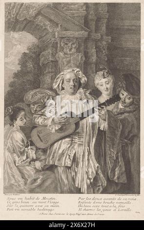 Mezzetin mit einer Gitarre umgeben von fünf Figuren, Sous un Habit de Mezetin, Oeuvre von Antoine Watteau (Titel der Serie), L'oeuvre d'Antoine Watteau, peintre du roy en Son Academie roiale de peinture et sculpture (...) (Titel der Serie), Druck, Druckerei: Simon Henri Thomassin, (auf dem Objekt erwähnt), nach dem Malen von: Jean Antoine Watteau, (zum Gegenstand erwähnt), Francois Gacon, (zum Gegenstand erwähnt), Druckerei: Frankreich, nach Malerei von: Frankreich, Frankreich, Verlag: Paris, 1697 - in oder vor 1726, Papier, Ätzung, Gravur, Höhe, 309 mm x Breite, 209 mm Stockfoto