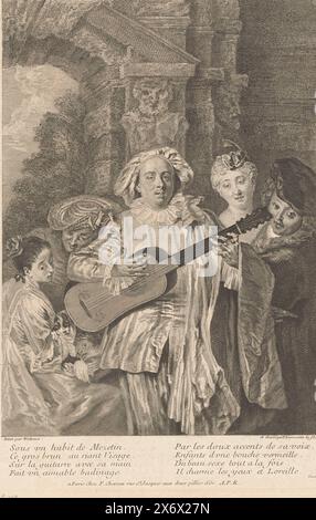 Mezzetin mit einer Gitarre umgeben von fünf Figuren, Sous un Habit de Mezetin, Oeuvre von Antoine Watteau (Titel der Serie), L'oeuvre d'Antoine Watteau, peintre du roy en Son Academie roiale de peinture et sculpture (...) (Titel der Serie), Druck, Druckerei: Simon Henri Thomassin, (auf dem Objekt erwähnt), nach dem Malen von: Jean Antoine Watteau, (zum Gegenstand erwähnt), Herausgeber: Francois Chéreau, (zum Gegenstand erwähnt), Druckerei: Frankreich, nach Malerei von: Frankreich, Verlag: Paris, Frankreich, Frankreich, 1735, Papier, Ätzen, Gravieren, Höhe, 308 mm x Breite, 211 mm Stockfoto