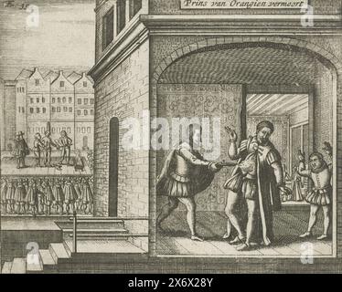 Mord an dem Prinzen von Orange, 1584, Prinz von Orangien ermordet (Titel auf Objekt), Prinz von Orange ermordet in Delft von Balthasar Gerards, 10. Juli 1584. Im Vordergrund wird der Prinz gedreht, im Hintergrund die Hinrichtung von Bathasar Gerards auf dem Gerüst am 14. Juli 1584., Druck, Druckerei: Anonym, nach Druck: Anonym, Nordholland, 1620 - 1699, Papier, Radierung, Höhe, 110 mm x Breite, 125 mm Stockfoto