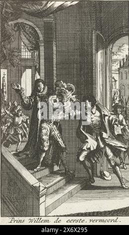 Mord an dem Prinzen von Orange, 1584, Prinz Wilhelm I., ermordet (Titel auf Objekt), Prinz von Orange ermordet in Delft von Balthasar Gerards, 10. Juli 1584. Der Prinz wird auf der Treppe erschossen., Druckerei: Jan Luyken, (zugeschrieben), Druckerei: Caspar Luyken, (zugeschrieben), Nordholland, 1660 - 1712, Papier, Ätzen, Höhe, 125 mm x Breite, 75 mm Stockfoto