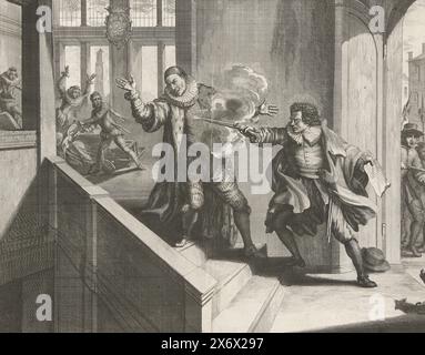 Ermordung des Prinzen von Orange, 1584, des Prinzen von Orange, ermordet in Delft von Balthasar Gerards, 10. Juli 1584. William of Orange wird von Balthasar Gerards auf einer Treppe in der Nähe der offenen Tür erschossen., Druck, Druckerei: Jan Luyken, nach Entwurf von: Romeyn de Hooghe, Nordholland, 1678 - 1680, Papier, Ätzen, Gravur, Höhe, 272 mm x Breite, 343 mm Stockfoto