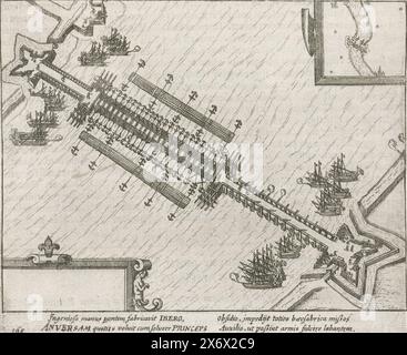 Belagerung und Eroberung Antwerpens 1585: Die Schiffsbrücke von Parma über die Schelde, die Schiffsbrücke von Parma über die Schelde. Teil einer Gruppe von Darstellungen über die Belagerung und Eroberung Antwerpens durch den Herzog von Parma vom 1584. Juli bis 17. August 1585. Mit einer Unterschrift von 4 Zeilen auf Lateinisch. Nummeriert 165. Auf der Rückseite mit lateinischem Text gedruckt., Druck, Druckerei: Anonym, nach Druck von: Frans Hogenberg, Nordholland, 1613 - 1615, Papier, Radierung, Höhe, 135 mm x Breite, 163 mm Stockfoto