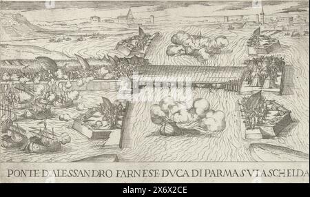 Schiffbrücke von Parma über die Schelde, 1585, Ponte d’Alessandro Farnese duca di Parma sula Schelda (Titel auf Objekt), die Schiffbrücke, die der Herzog von Parma 1585 über die Schelde gebaut hat. Am Fluss zwei Brenner, links die Schlacht um den Kauwensteinsedeich, Mai 1585., Druck, Druckerei: Antonio Tempesta, Italien, 1593 - 1595, Papier, Ätzung, Höhe, 166 mm x Breite, 276 mm Stockfoto