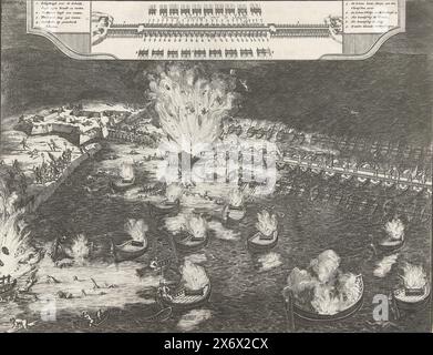 Sprengung der Schiffsbrücke in der Schelde, 1585, Parmaasschipbrugh über die Schelde (Titel auf Objekt), Sprengung der Schiffsbrücke, die der Herzog von Parma in der Schelde vor Antwerpen am 5. April 1585 gebaut hatte. Oben ein Inset mit intakter Brücke und eine Legende 1-9 in Niederländisch., Druck, Druckerei: Coenraet Decker, (auf dem Objekt erwähnt), Verlag: Zacharias Chatelain (II), (möglicherweise), Amsterdam, 1677 und/oder 1730, Papier, Ätzen, Höhe, 272 mm x Breite, 353 mm Stockfoto