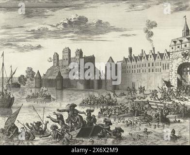 Angriff von Maarten Schenck auf Nijmegen, 1589, gescheiterter Angriff von Truppen unter Maarten Schenck auf die Stadt Nijmegen, 10. August 1589. Episode aus dem Kölner Krieg. Auf der Flucht aus der Stadt ertrinkt Schenck in der Waal., Druck, Druckerei: Jan Luyken, nach eigenem Entwurf von: Jan Luyken, Nordholland, 1679 - 1681 und/oder 1730, Papier, Ätzen, Höhe, 275 mm x Breite, 350 mm Stockfoto