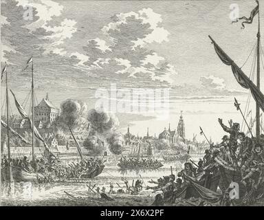 Angriff von Maarten Schenck auf Nijmegen, 1589, gescheiterter Angriff von Truppen unter Maarten Schenck auf die Stadt Nijmegen, 10. August 1589. Episode aus dem Kölner Krieg. Auf der Flucht aus der Stadt ertrinkt Schenck in der Waal., Druck, Druckerei: Simon Fokke, (auf Objekt erwähnt), nach eigenem Entwurf von: Simon Fokke, (auf Objekt erwähnt), Nordholland, 1747 - 1759, Papier, Ätzen, Höhe, 166 mm x Breite, 200 mm Stockfoto