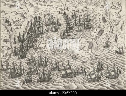 Seeschlacht vor Cadiz, 1596, Niederlage der spanischen Flotte durch die englischen und niederländischen Flotten bei Cadiz, 1. Juli 1596. Plan der Bucht mit der Stadt Cadiz auf der spanischen Halbinsel in der Mitte., Druck, Druckerei: Bartholomeus Willemsz. Dolendo, (zugeschrieben), niederländische Länder, 1600 - 1601 und/oder 1610, Papier, Gravur, Höhe, 228 mm x Breite, 316 mm Stockfoto