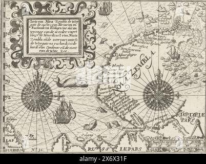 Karte von Nova Zembla, 1597, Caerte van Nova Zembla de Weygats de Custe van Tartarien en Russiet tot Kilduyn (...) (Titel auf Objekt), Karte von Nova Zembla und der russischen Nordküste. Oben links eine dekorierte Kartusche mit dem Titel, zwei Kompassrosen links und rechts, unten rechts die Schüsseln. Kopien der Originalabbildungen im Reisebericht der Reise von Willem Barendsz und Jacob van Heemskerck 1596-1597 und ihres Aufenthalts auf der Insel Nova Zembla, Nr. 31., Druck, Druckerei: Anonym, nach Druck von: Baptista van Doetechum, Gerrit de Veer, Nordholland, 1615 - 1617, Papier Stockfoto