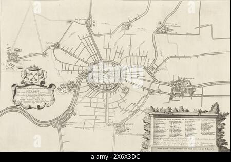 Karte der Belagerung von Leiden, 1573-1574, Karte der Belagerungen der Stadt Leyden (Titel auf Objekt), Belagerungen der Stadt Leiden in den Jahren 1573-1574 durch die Spanier. Karte mit einer Karte der Stadt und der Umgebung nach Leiderdorp und de Kwakel, mit allen Rezweigen in der Gegend. Links eine Kartusche mit dem Titel und dem Stadtwappen, rechts eine Kartusche auf einem Sockel mit der Legende 1-49 in Niederländisch., Druck, Druckerei: Jan Stemmers, (auf dem Objekt erwähnt), nach Zeichnung von: Joost Jansz. Bilhamer (erwähnt auf dem Objekt), nach Zeichnung von T. Reets (erwähnt auf dem Objekt), Northern Stockfoto