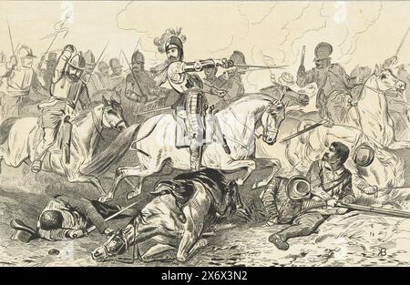 Schlacht von Nieuwpoort, 1600, Schlachtszene während der Schlacht von Nieuwpoort, 2. Juli 1600. Mitten in der Schlacht zeigt Prinz Maurice zu Pferd mit seinem Schwert nach rechts., Druck, Druckerei: Jan van der Veen (Vormacher), (auf Objekt erwähnt), nach Entwurf: Karel Frederik Bombled, (auf Objekt erwähnt), Drucker: Charles Binger, (auf Objekt erwähnt), Niederlande, 1853 - 1861, Papier, Höhe, 162 mm x Breite, 236 mm Stockfoto