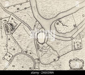 Belagerung und Eroberung Rheinbergs durch Maurits, 1601, Rhenoberca obsessa et capta armis Ordinum Belgicae Foederatae Ductu (...) Mauritii Nassovii (...) Anno 1601 (Titel auf Objekt), Karte der Stadt Rheinberg und der Umgebung während der Belagerung vom 12. Juni und Eroberung am 31. Juli, 1601 von der niederländischen Armee unter Prinz Maurits. Plan der Verteidigung der Stadt und des umliegenden Landes, mit den Lagern der Belagerer. An der Spitze des Rheins. Unten rechts eine Kartusche mit dem Titel in lateinischer Sprache. Doppelseite aus Blaeu's Town Book., Druck, Druckerei: Anonym, Northern Stockfoto