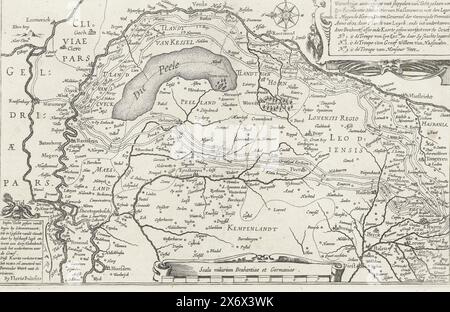 Karte mit Maurits' Reise durch Brabant, 1602, wahre Informationen mit Punkten der Reise seiner Exzellenz Mauritio van Nassouwen mit der Armee der E. Mogende Heeren Staten Generael der Vereenigde Provintie, Anno 1602 von t' Lands van Luyck: ende int rekeeren durch Brabant (...) zu voor de Graef (Titel über Objekt), Karte, auf der die Reise der Staatsarmee unter Prinz Maurits durch Brabant geplant ist, 7. Juni bis 18. Juli 1602. Mit zwei Kartuschen mit Inschrift und Titel in Niederländisch. Unter einem Stab: 7 Scala miliarium Brabantiae et Germaniae., Druck, Druckerei: Floris Stockfoto