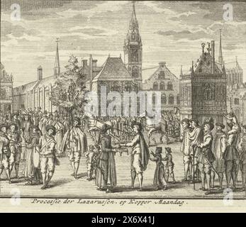 Aussätzige Prozession am Kupfermontag in Amsterdam, 1604, Prozession der Lazarus, am Kupfermontag (Titel auf Objekt), die jährliche Prozession der Gilden am Kupfermontag (der erste Montag nach Epiphanik) in Amsterdam, 1604. Prozession und Festlichkeiten der Gilden auf dem Dam-Platz, wo die Aussätzigen in die Stadt durften und Geld für sie gesammelt wurde. Kupfermontag wurde zuletzt 1604 in Amsterdam gefeiert., Druck, Druckerei: Anonym, Verlag: Johannes van Septeren (I), (möglicherweise), Amsterdam, 1729, Papier, Ätzen, Gravieren, Höhe, 110 mm x Breite, 133 mm Stockfoto