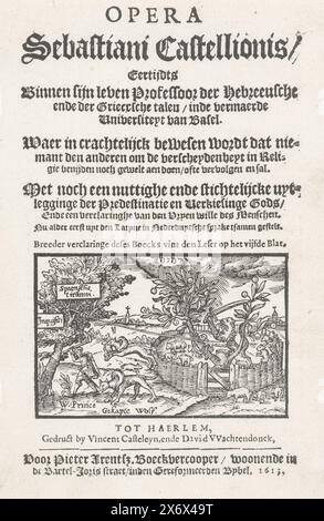 Titeldruck von: Oper von Sebastianus Castellio mit einer Vignette des Holländischen Gartens, 1613, Opera Sebastiani Castellionis (...), in der eindeutig nachgewiesen wird, dass niemand den anderen um die Unterschiede in der Religion beneidet, noch Gewalt verübt, oder verfolgt es und will (Titel auf Objekt), Titeldruck der Oper von Sebastianus Castellio, 1613. Vignette mit dem Holländischen Löwen im Holländischen Garten. Im Garten sprießende Orangenbäume und Wölfe, die in Schafskleidung getarnte Schafe ausrauben wollen. Der Löwe zieht zusammen mit Prinz Wilhelm I. (mit Axt) den Baum der spanischen Tyrannei und die Stockfoto