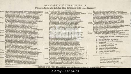 Textblatt für einen Zeichentrickfilm über die Niederlage Friedrichs von Böhmen in der Schlacht auf dem Weißen Berg bei Prag, 1620, den Calvinischen Roffel-Pot (Titel auf Objekt), de Calvinistieken Roffelpot. Textblatt für einen Zeichentrickfilm über die Niederlage Friedrichs von Böhmen in der Schlacht am Weißen Berg bei Prag, 8.-9. November 1620. Drei Textspalten mit einem Gespräch zwischen zwei Skippern und einem Händler und der Legende A-L. Pendant zum Roman Ruffle Pot (FMH 1422 und 1423)., Textblatt, Verlag: Anonym, (am Gegenstand erwähnt), Antwerpen, 1621, Papier, Buchdruck, Höhe, 190 mm Stockfoto