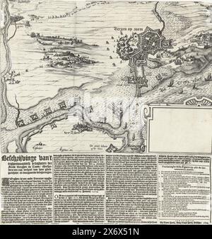 Belagerung von Bergen op Zoom, 1622, Beschreibung der aktuellen Belagerungen der Stadt Berghen op Zoom, einschließlich einer kurzen Geschichte des Ghettos und früherer Belagerungen (Titel auf Objekt), gescheiterte Belagerung von Bergen op Zoom durch die spanische Armee unter Spinola und Velasco, 18. Juli bis 3. Oktober, 1622. Stadtplan und Umgebung mit Wasserstraßen. Unten rechts eine leere Kartusche. Unterhalb der Szene befindet sich ein Text in 4 Spalten mit einer Beschreibung der Belagerung und der Legende 1-21 in Niederländisch., Druck, Druckerei: Claes Jansz. Visscher (II), (Workshop of), Herausgeber: Claes Jansz. Visscher (II), (auf dem Gegenstand erwähnt Stockfoto