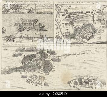 Belagerung von Schans Papenmuts, Belagerung von Bergen op Zoom und Schlacht von Fleurus, 1622, Blatt mit drei separaten Szenen. Oben links die Belagerung von Schans Papenmuts durch den Herzog von Neuburg für den König von Spanien ab dem 25. Juli 1622. Rechts oben die gescheiterte Belagerung von Bergen op Zoom durch die spanische Armee unter Spinola und Velasco vom 18. Juli bis 3. Oktober 1622. Unten die Schlacht von Fleurus im Hennegau zwischen der Armee unter Christian Herzog von Braunschweig und Ernst Graf von Mansfeld gegen die spanische Armee unter Gonzalo Fernández de Córdoba, 29. August 1622. Mit deutschen Inschriften., gedruckt Stockfoto