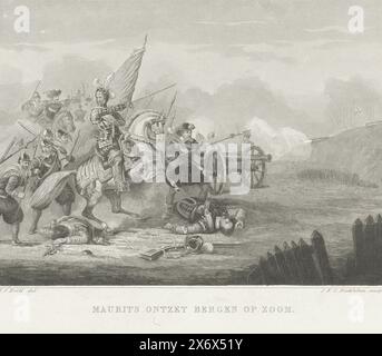 Maurits entlastet Bergen op Zoom, 1622, Maurits entlastet Bergen op Zoom, die Entlastung Bergen op Zoom durch die Staatsarmee unter Prinz Maurits am 3. Oktober 1622 während der gescheiterten Belagerung der spanischen Armee unter Spinola und Velasco vom 18. Juli bis 3. Oktober 1622. Der Prinz zu Pferd in der Front nahe der feindlichen Attika., Druck, Druckerei: Jan Frederik Christiaan Reckleben, (auf Objekt erwähnt), nach Zeichnung von: Hendrik Johannes Brill, (auf Objekt erwähnt), Niederlande, 1858 - 1860, Papier, Stahlgravur, Höhe 215 mm x Breite, 296 mm Stockfoto