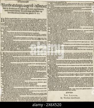 Textseite für einen (fehlenden) Druck der Belagerung von Bergen op Zoom von Spinola, 1622, Beeldhe Vande Belegeringe en[de] 't Ontzet van de Stadt van Berghen op Zoom, keine subtilen oder wunderbareren Änderungen am zweiten Oktober des Jaers A. 1622 (Titel zum Objekt), Textblatt zu einem (fehlenden) Druck der gescheiterten Belagerung von Bergen op Zoom durch die spanische Armee unter Spinola und Velasco, 18. Juli bis 3. Oktober 1622. Text in 2 Spalten auf Niederländisch ., Textblatt, Verlag: Nicolaes van Geelkercken, (auf dem Objekt erwähnt), Leiden, 1622, Papier, Buchdruck, Höhe, 282 mm x Breite, 263 mm Stockfoto