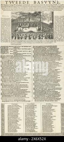 Hinrichtung der Verschwörer gegen Maurice, 1623, zweiter Basuyne. Und der böse heilige Wraeck-Spiegel, der die berechtigte Strafe zeigte, traf einige Monstreuse-Verschwörer (...), Hinrichtung der Verschwörer gegen Maurits, 27. Februar und 29. März 1623. Enthauptung eines der Sträflinge und Verstümmelung einer Leiche auf einem Gerüst in der Groene Zoodje bei Buitenhof in den Haag. Eine Trompete erhebt sich aus den Wolken am Himmel. Mit 4-zeiliger Beschriftung auf der Platte. Verschiedene Verse in Niederländisch auf beiden Seiten und unter der Platte aufgeklebt., Druck, Druckerei: Hendrick Stockfoto