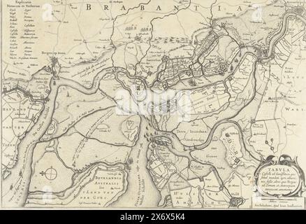 Forts on the Eastern and Western Schelde, 1627, Tabula Castelli as Sandflitam, qua simul inundati agri, alluviones, Fossae, alvei, quae Bergas ad Zomam et Antverpiam interjacent, annotantur (Titel über Objekt), Karte der Forts on the Eastern and Western Schelde und um Zandvliet, 1627. Vielleicht im Zusammenhang mit dem Angriff von Spinola auf Zuid-Beveland, September 1627. Oben links die Übersetzung der Begriffe Niederländisch - Lateinisch. Unten rechts eine Kartusche mit dem Titel., Druck, Druckerei: Anonym, nach Druck von: Anonym, Verlag: Johannes Janssonius, (auf dem Objekt erwähnt), Druckerei: Northern Stockfoto