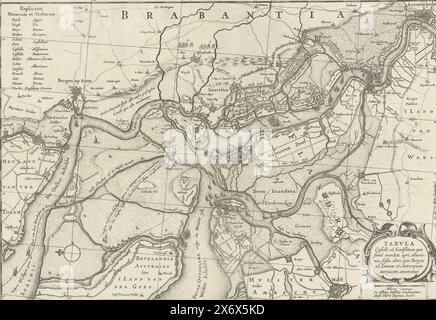 Forts on the Eastern and Western Schelde, 1627, Tabula Castelli as Sandflitam, qua simul inundati agri, alluviones, Fossae, alvei, quae Bergas ad Zomam et Antverpiam interjacent, annotantur (Titel über Objekt), Karte der Forts on the Eastern and Western Schelde und um Zandvliet, 1627. Vielleicht im Zusammenhang mit dem Angriff von Spinola auf Zuid-Beveland, September 1627. Oben links die Übersetzung der Begriffe Niederländisch - Lateinisch. Unten rechts eine Kartusche mit dem Titel. Mit Linien Raster der Breiten- und Längengrade hinzugefügt., Print, Print Maker: Anonym, After print by: Anonym, Verlag: Moses Pitt, (erwähnt Stockfoto