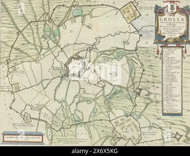 Belagerung von Grol, 1627, Grolla obsessa et expugnata ab Illustrissimo Friderico Henrico (Titel über Objekt), 't Belegh van Grol (Titel über Objekt), Karte der Belagerung von Groenlo, 1627. Im Zentrum der Stadt Groenlo, um sie herum die Quartiere der Belagerungstruppen. Oben rechts eine Kartusche mit dem Titel und der Legende A-O und 1-18 in lateinischer Sprache. Inschriften in den Aufführungen in Französisch und Niederländisch. Auf einer Doppelseite aus Blaeu's City Book, auf der Rückseite gedruckt mit Text in Niederländisch., Druck, Druckerei: Anonym, Theodorus Niels, (auf dem Objekt erwähnt), Herausgeber: Johannes Willemszoon Blaeu (erwähnt am Stockfoto