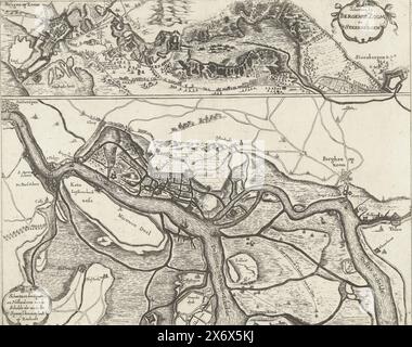 Befestigungsanlagen bei der Belagerung von Bergen op Zoom 1622 und die Befestigungsanlagen auf der Schelde 1627, Schantzen von Bergen op Zoom und Steenbergen, Schantzen der Spanier und Holländer auf der Schelde sowie die spanische Aenslach auf Zeelandt (Titel auf Objekt), Blatt mit zwei Aufführungen. Oberhalb der Befestigungsanlagen während der gescheiterten Belagerung von Bergen op Zoom durch die spanische Armee unter Spinola und Velasco vom 18. Juli bis 3. Oktober 1622. Unterhalb einer Karte des Fluss- und Bachgebietes zwischen Oosterschelde und Westerschelde mit dem Bau niederländischer und spanischer Befestigungsanlagen an der Schelde 1627 Stockfoto