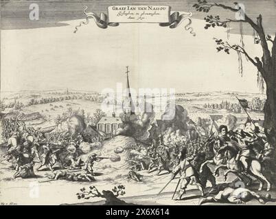 Gefangennahme von Johann VIII., Graf von Nassau-Siegen während der Kämpfe bei Wesel, 1630, Graf Jan van Nassou Geslaghen und Ghewanghen. Anno 1630, Gefangennahme von Johann VIII., Graf von Nassau-Siegen durch Oberst Ysselstein während der Kämpfe bei Wesel, August 1630. Heftige Kämpfe in einer Landschaft vor einer Kirche, rechts im Vordergrund wird der Graf zu Pferd gefangen genommen. Markiert unten links: abb. 11, fol. 102., Druck, Druckerei: Anonym, Nordholland, 1649 - 1651, Papier, Gravur, Ätzen, Höhe, 285 mm x Breite, 376 mm Stockfoto