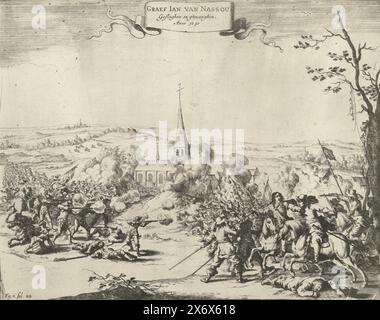 Gefangennahme von Johann VIII., Graf von Nassau-Siegen während der Kämpfe bei Wesel, 1630, Graf Jan van Nassou Geslaghen und Ghewanghen. Anno 1630, Gefangennahme von Johann VIII., Graf von Nassau-Siegen durch Oberst Ysselstein während der Kämpfe bei Wesel, August 1630. Heftige Kämpfe in einer Landschaft vor einer Kirche, rechts im Vordergrund wird der Graf zu Pferd gefangen genommen. Markiert unten links: abb. 11, fol. 102., Druck, Druckerei: Dirk Stoop, Nordholland, 1651 - 1652, Papier, Ätzen, Höhe, 277 mm x Breite, 352 mm Stockfoto