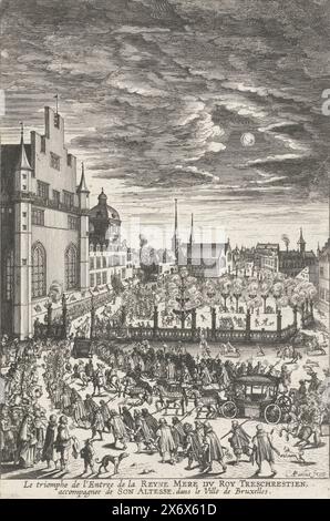 Einreise von Maria de' Medici nach Brüssel, 1631, Le triomphe de l'Entree de la Reyne Mere Treschrestien, Accompagnee de Son Altesse, dans le Ville de Bruxelles (Titel zum Gegenstand), Einfahrt der Kutsche mit Maria de' Medici und Isabella Clara Eugenia in Brüssel, am Abend, 31. Juli 1631. Das Quadrat mit brennenden Pitch-Fässern verziert., Druck, Druckerei: Andries Pauli, (auf dem Objekt erwähnt), Südholland, 1631 - 1632, Papier, Ätzen, Höhe, 241 mm x Breite, 159 mm Stockfoto