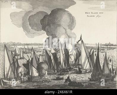 Die Schlacht auf dem Slaak, 1631, Het Slach Opt Slaeck 1631 (Titel auf Objekt), die Schlacht auf dem Slaak, 12.–13. September 1631, zwischen der niederländischen und spanischen Flotte. Markiert oben links: abb. 12, fol. 111. Die niederländische Flotte unter dem Kommando von Vizeadmiral Marinus Hollare., Druckerei: Anonym, Nordholland, 1649 - 1651, Papier, Ätzen, Höhe, 280 mm x Breite, 365 mm Stockfoto