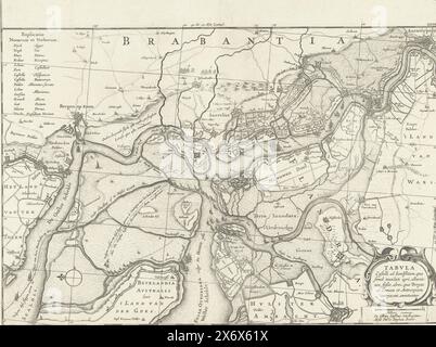 Sieg auf dem Slaak, 1631, Tabula Castelli ad Sandflitam, qua simul inundati agri, alluviones, Fossae, alvei, quae Bergas ad Zomam et Antverpiam interjacent, annotantur (Titel auf Objekt), die Schlacht am Slaak, 12.-13. September 1631. Karte der Wasserstraßen, Bäche und überflutetes Land zwischen Bergen op Zoom, Zandvliet und Antwerpen. Die Karte zeigt die Segelrouten, die die niederländischen und spanischen Flotten für die Schlacht auf dem Slaak genommen haben. Oben links eine Erklärung der niederländischen und lateinischen Namen, unten rechts eine Kartusche mit dem lateinischen Titel. Beschriftungen im Stift unter dem Druck., Druck, PrintMaker Stockfoto