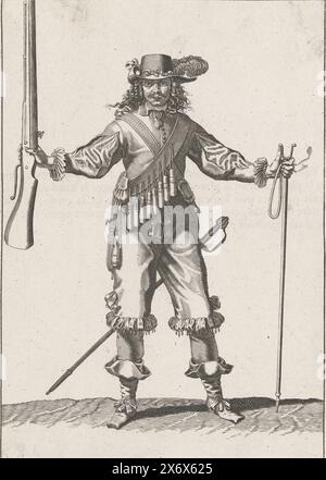 Soldat mit ausgestreckten Armen, der seine Muskete in der rechten Hand hält und seinen Furket in der linken Hand, ca. 1645, Ein Soldat in voller Länge, von vorne gesehen, wer mit ausgestreckten Armen eine Muskete (eine bestimmte Art von Schusswaffe) in seinem rechten Arm und seine Furkete (Muskettengabel) mit brennender Sicherung in seinem linken Arm hält, ca. 1645. Auf der Rückseite mit Text in französischer Sprache gedruckt. Neue Darstellung nicht abgeleitet von den Anweisungen zur Handhabung der Muskete in der Wapenhandelinghe von J. de Gheyn. Militärsystem um 1600., Druck, Druckerei: Petrus Rucholle, Südholland, 1645 - 1647, Papier, Gravur Stockfoto