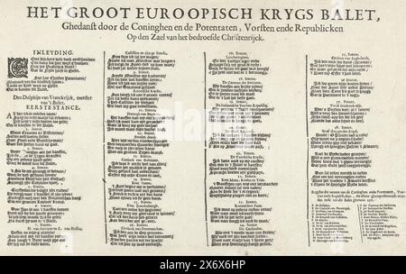 Textblatt für den Zeichentrick über die Friedensverhandlungen mit Spanien, 1632, Het Groot Euroopisch Krygs Balet, Ghedanst Door de Coninghen en en de Potentaten, Vorsten ende Repubblische op den Zael van het Sorrowed Christenrijck (Titel zum Objekt), Textblatt für den Zeichentrickfilm über die Friedensverhandlungen mit Spanien, 1632. Textblatt mit einem Lied in 28 Versen und der Legende A-AA auf Niederländisch. Textblatt, Verlag: Anonym, Nordholland, 1632, Papier, Buchdruck, Höhe, 187 mm x Breite, 292 mm Stockfoto