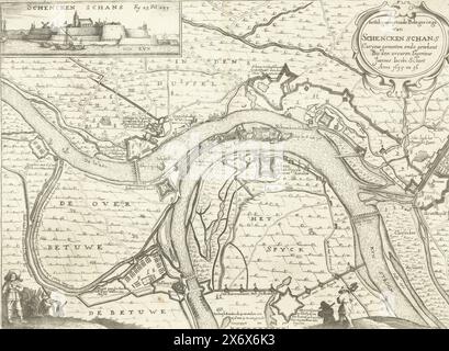 Karte, die die Belagerung und Eroberung Schenckenschans durch Frederik Hendrik, 1635–1636, den Ort und die Belagerung von Schencken Schans Curyeus, gemessen und signiert vom erfahrenen Ingenieur Joannes Jacobi Schort Anno 1635 zeigt. Und 36. Karte der Belagerung und der Eroberung Schenckenschans durch die niederländische Armee unter Frederik Hendrik, 1635–1636. Oben links ein Blick auf das Fort vom Wasser. Verschiedene Figuren unten im Vordergrund. Markiert oben links: Abb. 23 Fol. 239., Druck, Druckerei: Anonym, nach Druck von: Anonym, nach Druck von: Claes Jansz. Visscher (II), Nord Stockfoto
