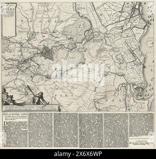 Karte der Belagerung von Breda, 1637, Nieuwe Kaerte van Breda belagert von Syne Altessa Friedrich Hendrick van Nassou Prinz von Orangien am 23. Juli 1637 (Titel zu Objekt), kurze und prägnante Geschichte der Stadt Breda, ihrer Geschichte und den Veränderungen durch den Krieg -komen (Titel zu Objekt), Karte der Belagerung von Breda durch die Staatsarmee unter Frederik Hendrik, 23. Juli bis 10. Oktober 1637. Karte der Stadt und Umgebung mit der Stadt auf der linken Seite, eine Kartusche mit dem Titel oben links, eine Kartusche unten links mit der Schale, die Wappen von Breda und Geertruidenberg und ein kleiner Fischer, weiter Stockfoto