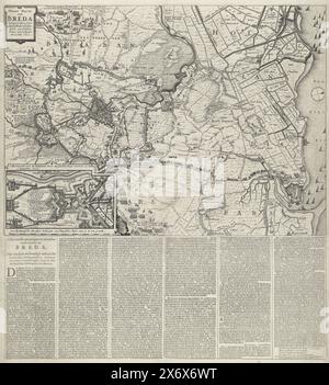 Karte der Belagerung von Breda, 1637, Nieuwe Kaerte van Breda belagert von Syne Altessa Friedrich Hendrick van Nassou Prinz van Orangien am 23. Juli 1637 (Titel zum Objekt), Aldernieuste korrigierte und verbesserte Caerte van Breda, mit einer kurzen und prägnanten Geschichte der Stadt, ihrem Ghelegentheyt, Erfahrung, und die Veränderungen, die durch die Holländischen Kriege (Titel auf Objekt), Karte der Belagerung Bredas durch die Staatsarmee unter Friedrich Hendrik, 23. Juli bis 10. Oktober 1637. Karte der Stadt und Umgebung links von der Stadt, oben links eine Kartusche mit dem Titel, unten links eine Kartusche mit einer Karte der Bastion Stockfoto