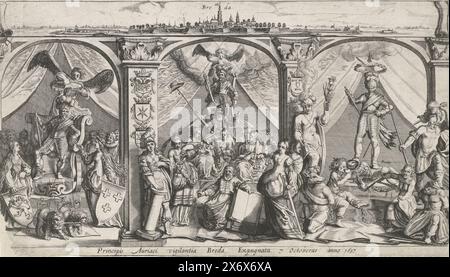 Allegory über die Eroberung Bredas durch Frederik Hendrik, 1637, Principis Auriaci vigilantia Breda Expugnata 7 Octoberus anno 1637 (Titel über Objekt), Allegory über die Eroberung Bredas durch die niederländische Armee unter Frederik Hendrik, 23. Juli bis 10. Oktober 1637. Oben ein schmales Profil der Stadt. Darunter in drei Bögen: Links wird Frederik Hendrik in einem von Leeuwen gezogenen Triumphwagen von der Jungfrau von Breda mit den Stadtschlüsseln versehen. In der Mitte thront der Gouverneur auf einem Podium mit den Personifizierungen Freiheit, Stärke, Temperament, Liebe, Hoffnung, glaube und Gerechtigkeit Stockfoto