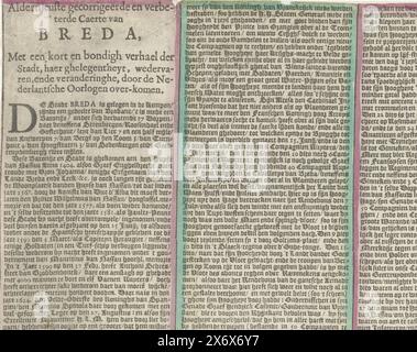 Textseite für die Karte der Belagerung von Breda (linke Hälfte), 1637, neueste korrigierte und verbesserte Karte von Breda, mit einer kurzen und prägnanten Geschichte der Stadt, ihrer Geschichte, Erfahrungen, und die Veränderungen durch die Holländischen Kriege (Titel auf Objekt), Textblatt zur Karte der Belagerung Bredas durch die Staatsarmee unter Friedrich Hendrick, 23. Juli bis 10. Oktober 1637. Textblatt (linke Hälfte) mit einer Beschreibung der Ereignisse in 3 langen Spalten. Textblatt, Verlag: Claes Jansz. Visscher (II), (zum Gegenstand erwähnt), Amsterdam, 1637, Papier, Buchdruck, Höhe, 190 mm x Breite, 240 mm Stockfoto