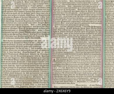 Textseite für die Karte der Belagerung von Breda (rechte Hälfte), 1637, neueste korrigierte und verbesserte Karte von Breda, mit einer kurzen und prägnanten Geschichte der Stadt, ihrer Geschichte, Erfahrungen, und die Veränderungen, die sich aufgrund der Holländischen Kriege ereigneten (Titel auf Objekt), Textblatt zur Karte der Belagerung von Breda durch die Staatsarmee unter Frederik Hendrick, 23. Juli bis 10. Oktober 1637. Textblatt (rechte Hälfte) mit einer Beschreibung der Ereignisse in 3 langen Spalten. Textblatt, Verlag: Claes Jansz. Visscher (II), (zum Gegenstand erwähnt), Amsterdam, 1637, Papier, Buchdruck, Höhe, 186 mm x Breite, 245 mm Stockfoto