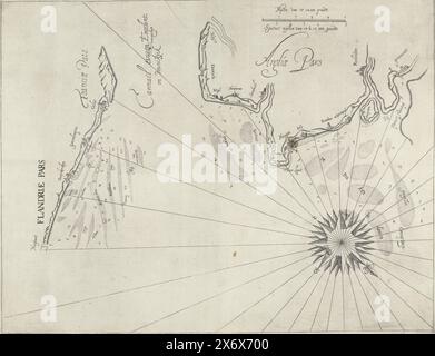 Seekarte der englischen Küste bei Duins, 1639, Seekarte der englischen Küste bei Duins, Ort der Seeschlacht bei Duins zwischen der spanischen Armada unter dem Kommando von Antonio de Oquendo und der niederländischen Flotte unter Maarten Harpertsz. Tromp, 21. Oktober 1639. Links die flämische und nordfranzösische Küste zwischen Ostende und Calais, oberhalb und rechts die englische Küste zwischen Hythe und Gravesend. Mit dem Sandfeuer vor der Küste, aber vor der spanischen und niederländischen Flotte., Druck, Druckerei: Anonym, Nordholland, 1639, Papier, Gravur, Höhe, 398 mm x Breite Stockfoto