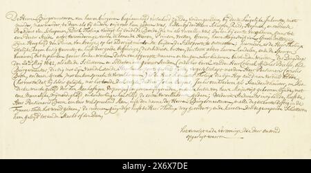 Transkription einer Erklärung der Abdrücke der Prozession der Milizionäre entlang des Haarlemmertrekvaart bei der Ankunft von Königin Henrietta Maria in Amsterdam, 1642, Transkription einer Erklärung der Drucke der Prozession der Milizionäre entlang der Haarlemmertrekvaart bei der Ankunft der englischen Königin Henrietta Maria in Amsterdam, 20. Mai 1642. Handschrift in 16 Zeilen in Niederländisch., anonym, 1875 - 1899, Papier, Schreiben (Prozesse), Höhe, 191 mm x Breite, 342 mm Stockfoto