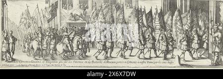 Prozession mit den spanischen Spruchbannern, die bei der Schlacht von Rocroi, 1643, Les Cornettes, Guidons, et Drapeaux pris sur les Ennemis en la Bataille de Rocroy, Portés en Ceremonie à nostre Damé, par les Cent Suisses (Titel auf Objekt), Prozession mit den Spruchbändern und Fahnen, die während der Schlacht von Rocroi (19. Mai 1643) von den Spaniern gefangen genommen wurden, getragen von hundert Schweizer Soldaten zur Kirche Notre-Dame, 1643. Prozession mit Soldaten zu Fuß und zu Pferd., Druck, Druckerei: Nicolas Cochin, (erwähnt auf Objekt), nach eigenem Entwurf von: Nicolas Cochin, (erwähnt auf Objekt), Verlag Stockfoto