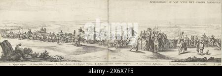 Belagerung und Eroberung von Hulst durch Frederik Hendrik (linke Hälfte des Exodus der Garnison), 1645, Bild dessen, was die spanischen Garnisoen aus der Stadt Hulst gezogen haben. Die 1645 Belagerung und Eroberung Hulsts durch die niederländische Armee unter Friedrich Hendrik vom 28. September bis 5. November 1645. Linke Hälfte des Exodus der spanischen Garnison am 5. November, zwei Seiten wurden zusammengefügt. Prozession mit Wagen, Artillerie, Reitern und Fußsoldaten. In der Bildunterschrift die Legende A-I. Teil eines nicht zusammengesetzten Ensembles, bestehend aus der großen Karte der Belagerung in 4 Blättern, einem Textblatt in Stockfoto