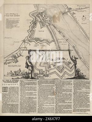 Karte des belagerten SAS van Gent, 1644, perfekte Darstellung des SAS van Gendt (Titel auf Objekt), Cort-Geschichte des Ghelegentheydt und der Belagerung der Festung Stercke en Wijt vermaerde, mit dem SAS van Gent (Titel auf Objekt), Karte von SAS van Gent, belagert von der niederländischen Armee unter Frederik Hendrik, begann am 28. Juli und eroberte am 5. September 1644. Karte der Befestigungsanlagen um SAS-van-Gent, unten zwei Männer mit einer Leinwand, die ein vergrößertes Detail der Beschuss an den Ravelins an der Rapenburg zeigt. Oben links der Titel und die Legende a-n. Ein Textblatt mit 5 Textspalten in Niederländisch wurde bereits erstellt Stockfoto