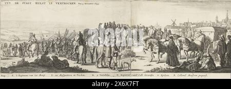 Belagerung und Eroberung Hulsts durch Frederik Hendrik (rechte Hälfte des Exodus der Garnison), 1645, Bild dessen, was die spanischen Garnisoen aus der Stadt Hulst gezogen hatten. Die 1645 Belagerung und Eroberung Hulsts durch die niederländische Armee unter Friedrich Hendrik vom 28. September bis 5. November 1645. Die rechte Hälfte des Exodus der spanischen Garnison am 5. November wurden zwei Seiten zusammengefügt. Prozession mit Wagen, Fußsoldaten und der Kutsche mit dem verwundeten Colonel Mouscron. In der Bildunterschrift die Legende K-P. Teil eines unversammelten Ensembles, bestehend aus der großen Karte der Belagerung Stockfoto