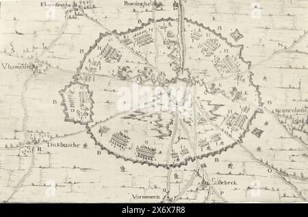Belagerung von Ypern, 1649, wahre Darstellung der Belagerung von Ipren, begonnen im April 1649 (Titel auf Objekt), Carte demonstrative du Belagerung de la Ville de Ipren begonnen au mois d'Avril 1649 (Titel auf Objekt), Karte der Belagerung von Ypern durch die Armee von Gouverneur Leopold Wilhelm, die im April 1649 begann. Plan der Umschließung der Stadt. Details in der Szene markierten A-T. Ein Textblatt begleitet den Print., Print, Print Maker: Anonym, Southern Netherlands, 1649, Papier, Ätzen, Höhe, 178 mm x Breite, 190 mm Stockfoto